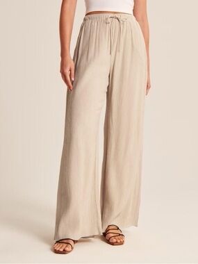 Abercrombie Crinkle Textured Pull-On Wide Leg Pant Light Brown XS Long